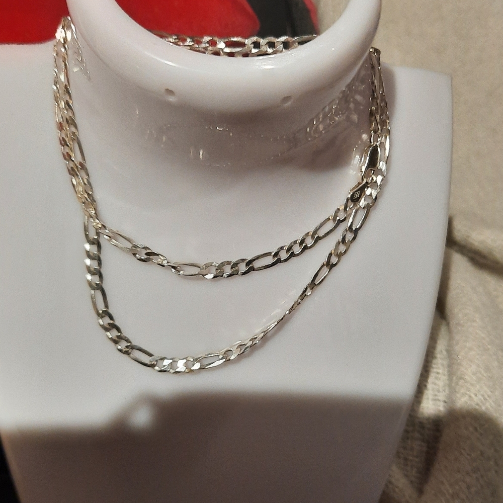 Genuine Solid Sterling Silver Figaro Chain Necklace 18" Rhodium